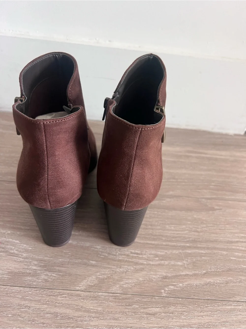 Brown suede ankle round toe wedge boots